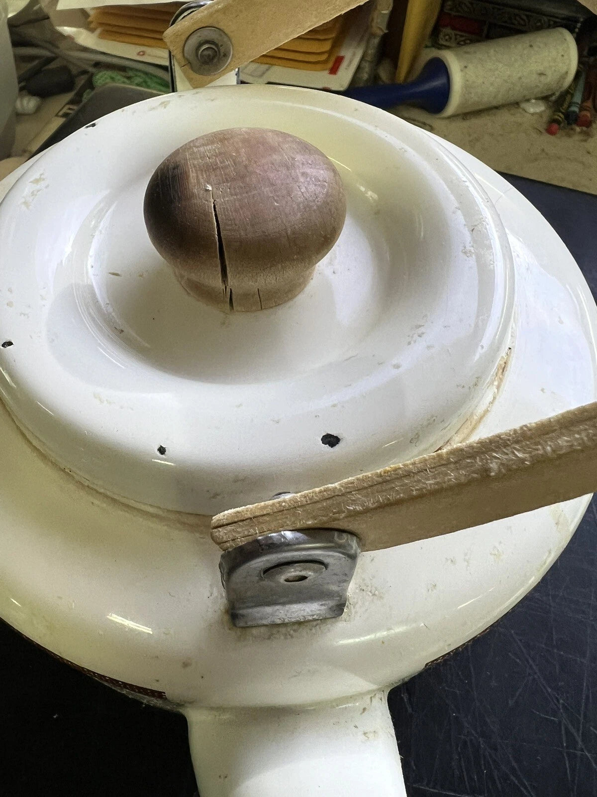 Vintage Enamel Tea Pot Kettle Wood Handle