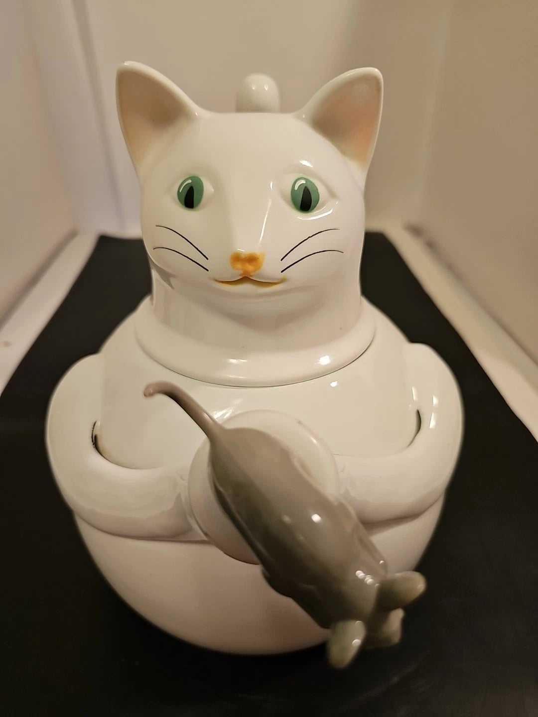 Vintage  Copco White Cat & Gray Mouse Enamelware 2 ½ QT Tea Kettle