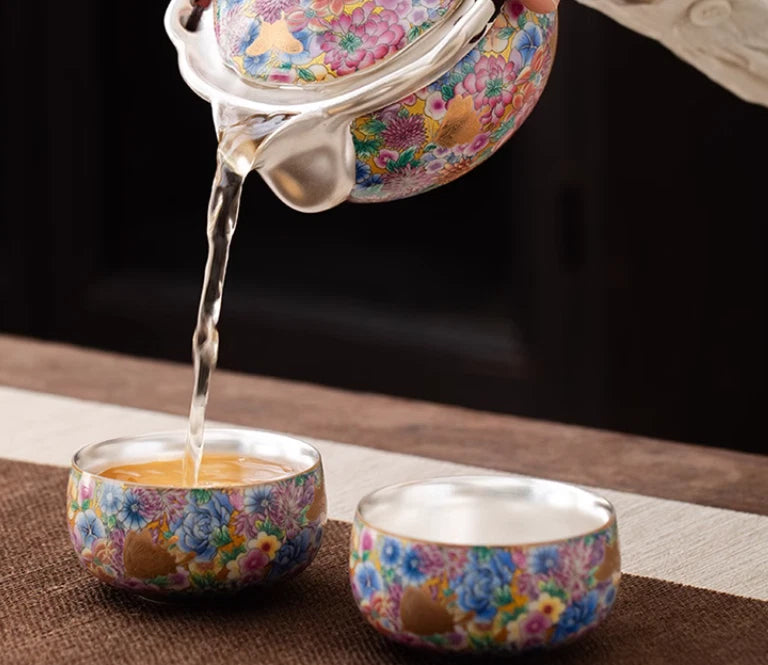 Gold butterfly enamel million flowers hand-grabbed pot gold silver teapot