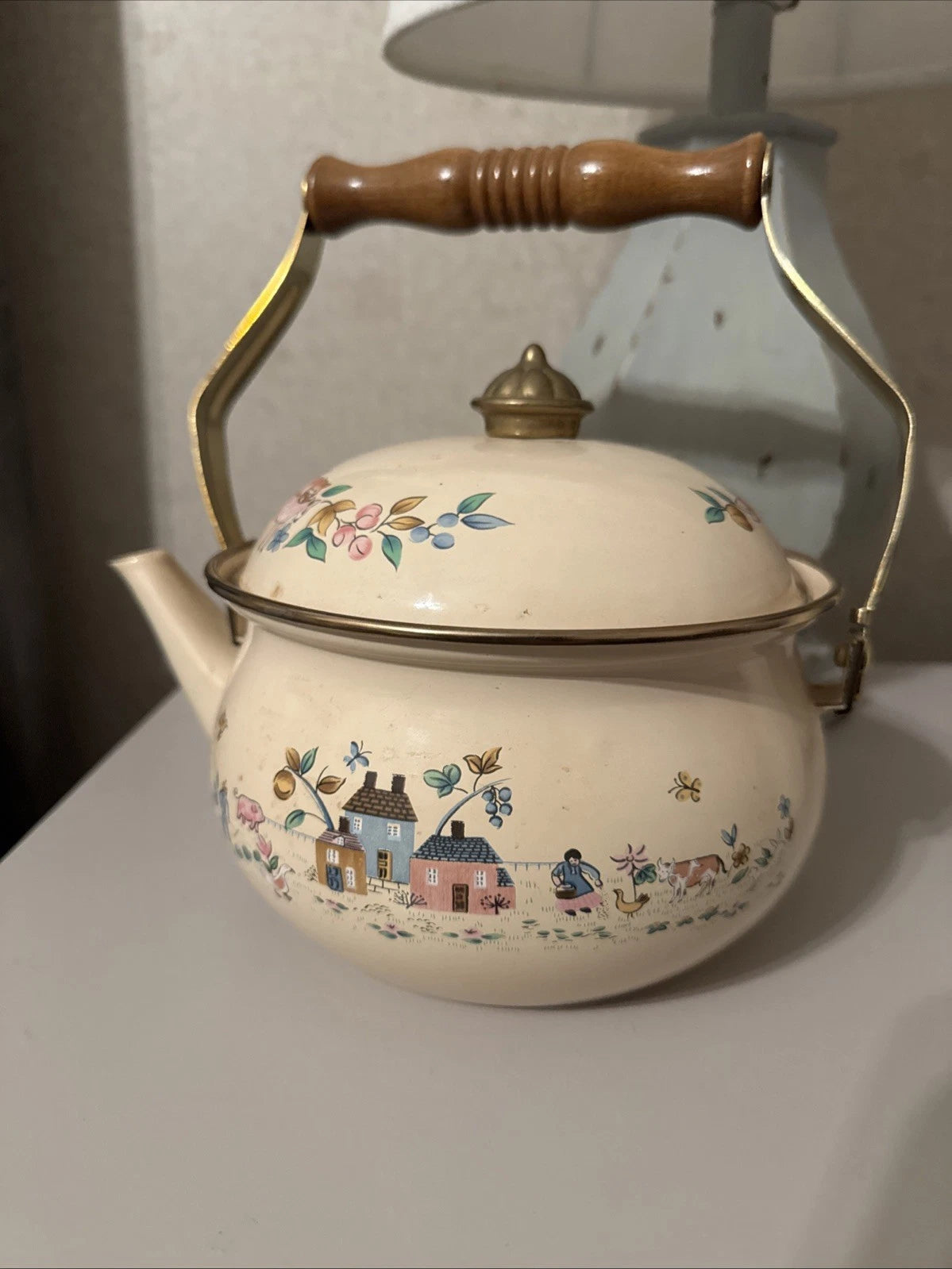 Vintage International Heartland 2 Qt Teapot Kettle Enamel with Brass Wood Handle | eBay