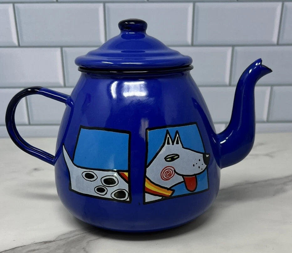 Smaltum Enamelware Teapot Kettle Dog Blue