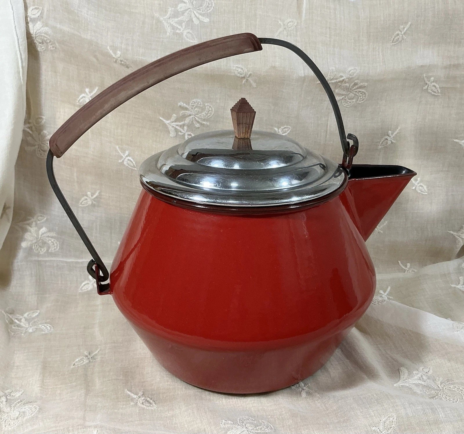 Sassy RED GRANITEWARE Enamelware TEAPOT Kettle Art Deco Style Shiny Vintage