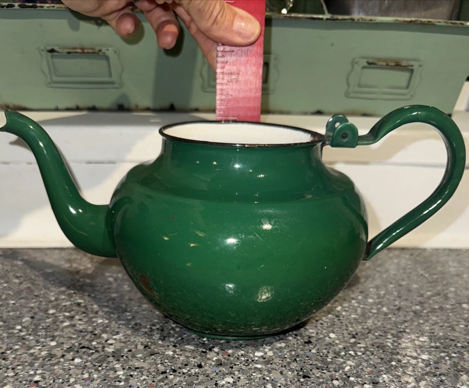 Vintage Enamel Teapot Made in Yugoslavia / Green Celje Enamel Tea Kettle 4”