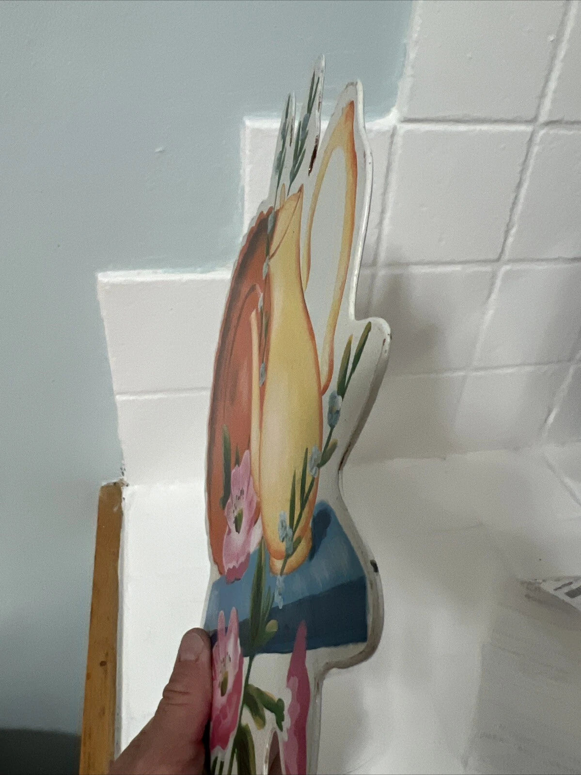 Vintage Metal Porcelain Enamel Farmhouse Wall Plaque Handpainted Teapot Coffee