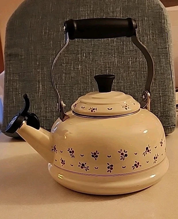 Vintage LeCreuset Enamel Floral Tea Kettle with Whistling Spout