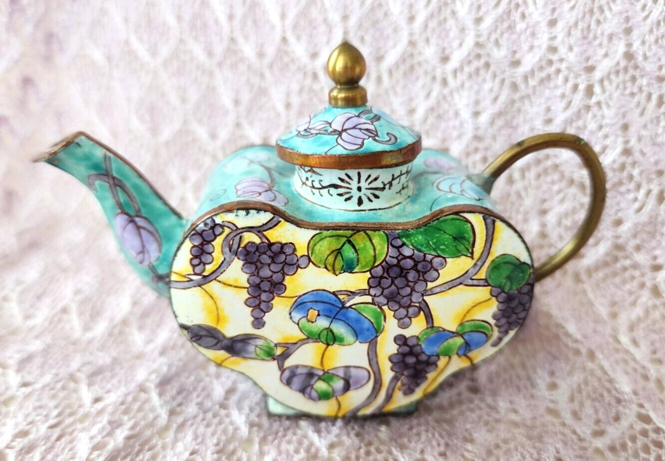 Vintage Chinemel  B. Yee Enamel Miniature Teapot Tiffany Style Grapevine Design