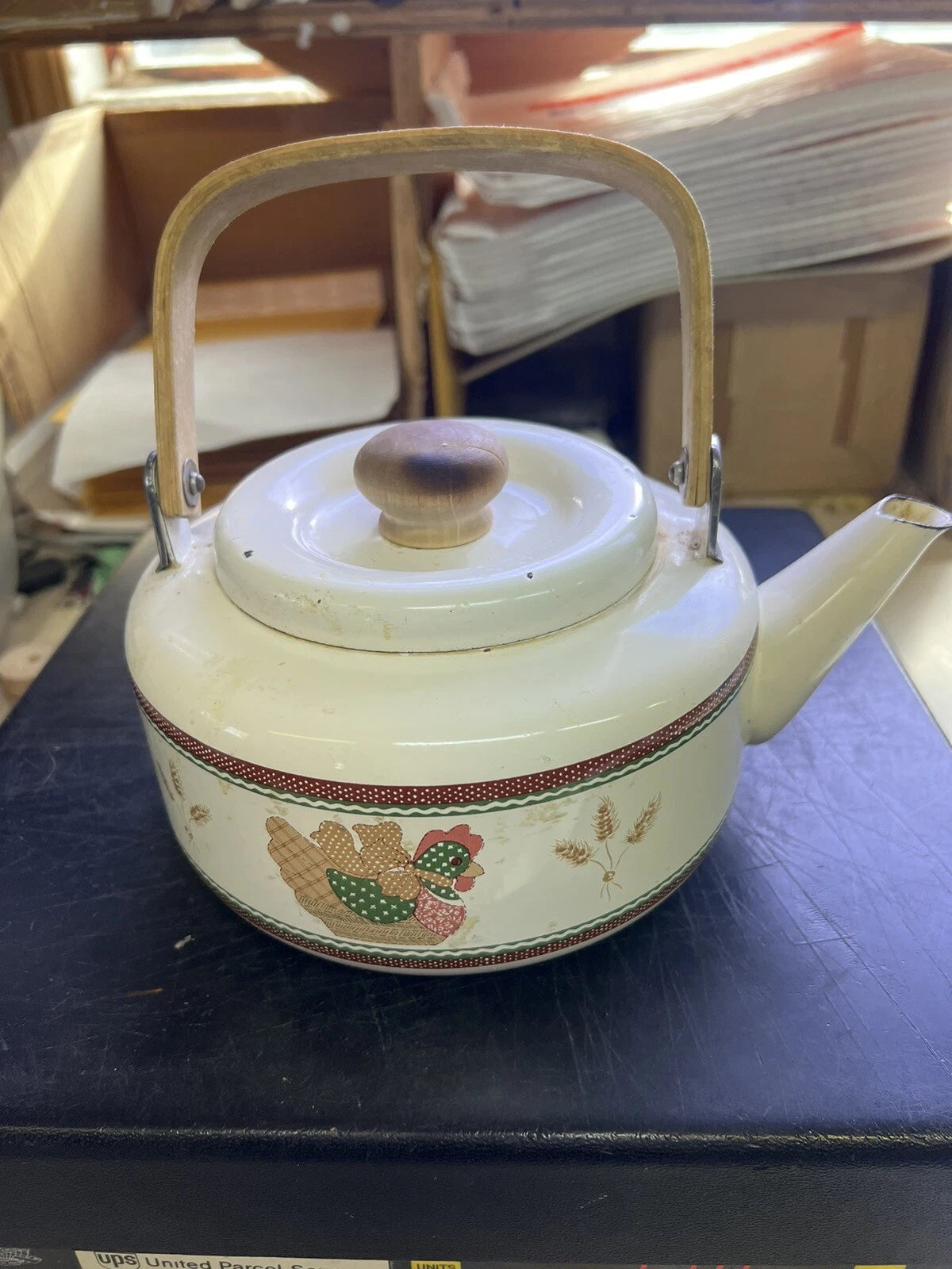 Vintage Enamel Tea Pot Kettle Wood Handle