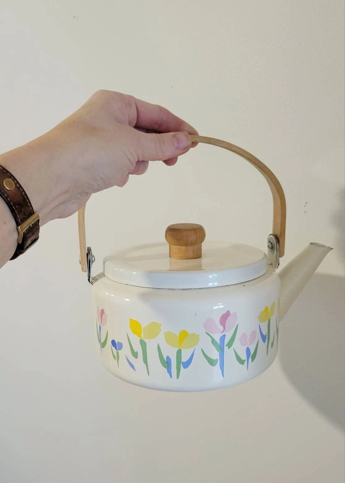 Vintage enamel teapot floral tulips enamelware teapots tea kettle