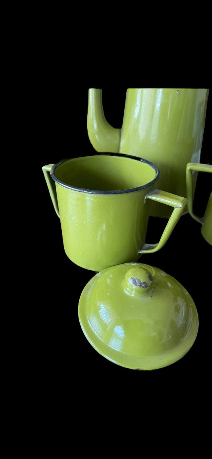 OTTO Japan Enamel Black Trim Tea Kettle Coffee Pot Green w/sugar & Creamer + Lid | eBay