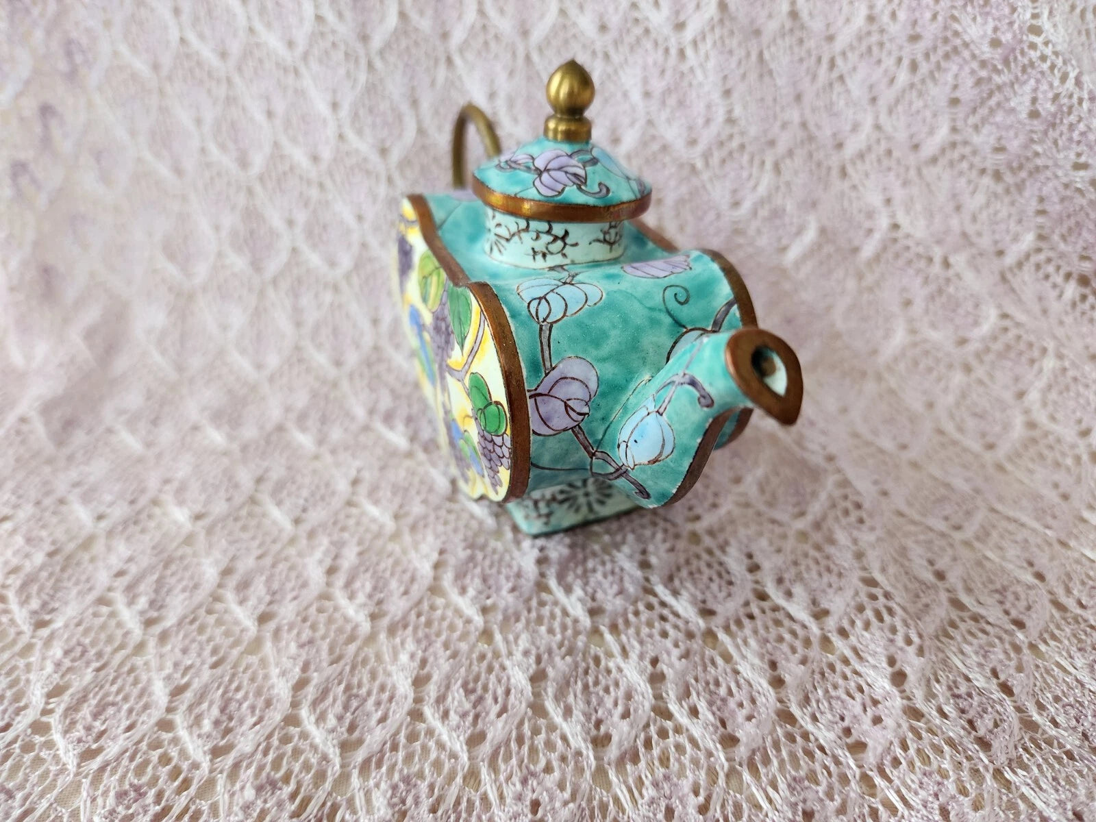 Vintage Chinemel  B. Yee Enamel Miniature Teapot Tiffany Style Grapevine Design