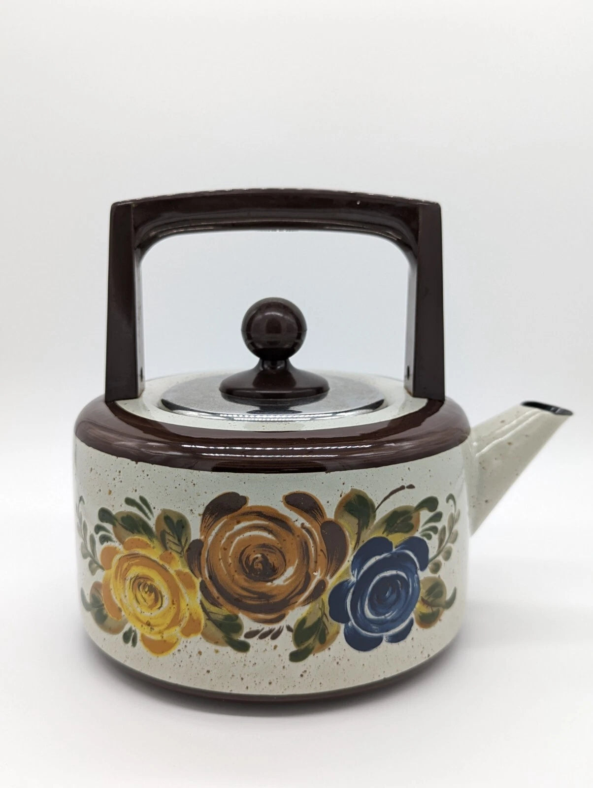 Vintage ASTA Hand Painted Flowers Enamel Kettle Teapot Flower Power Germany