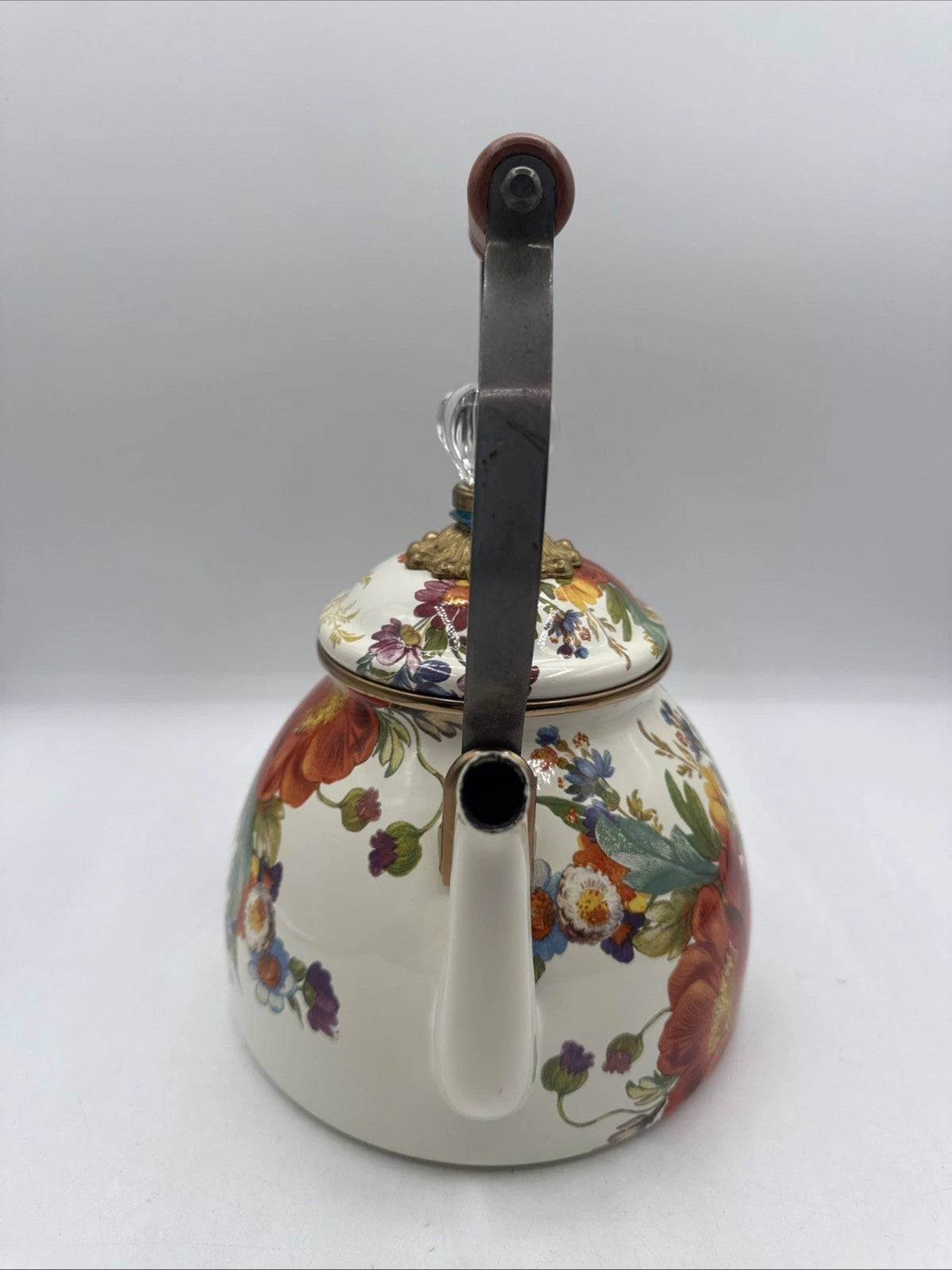 Mackenzie Childs Enamel White Flower Market 2 Quart Tea Pot / Kettle