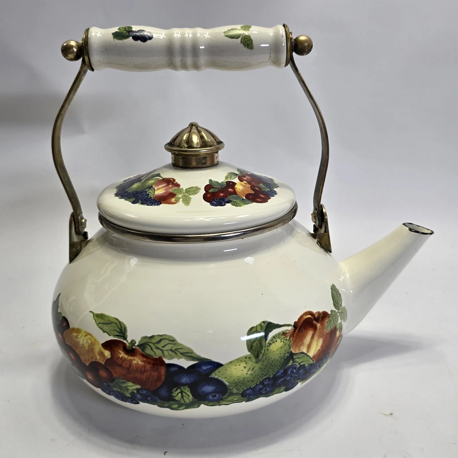 Vintage Enamel Teapot White with Fruit Design Brass Handle Farmhouse Kitchen.