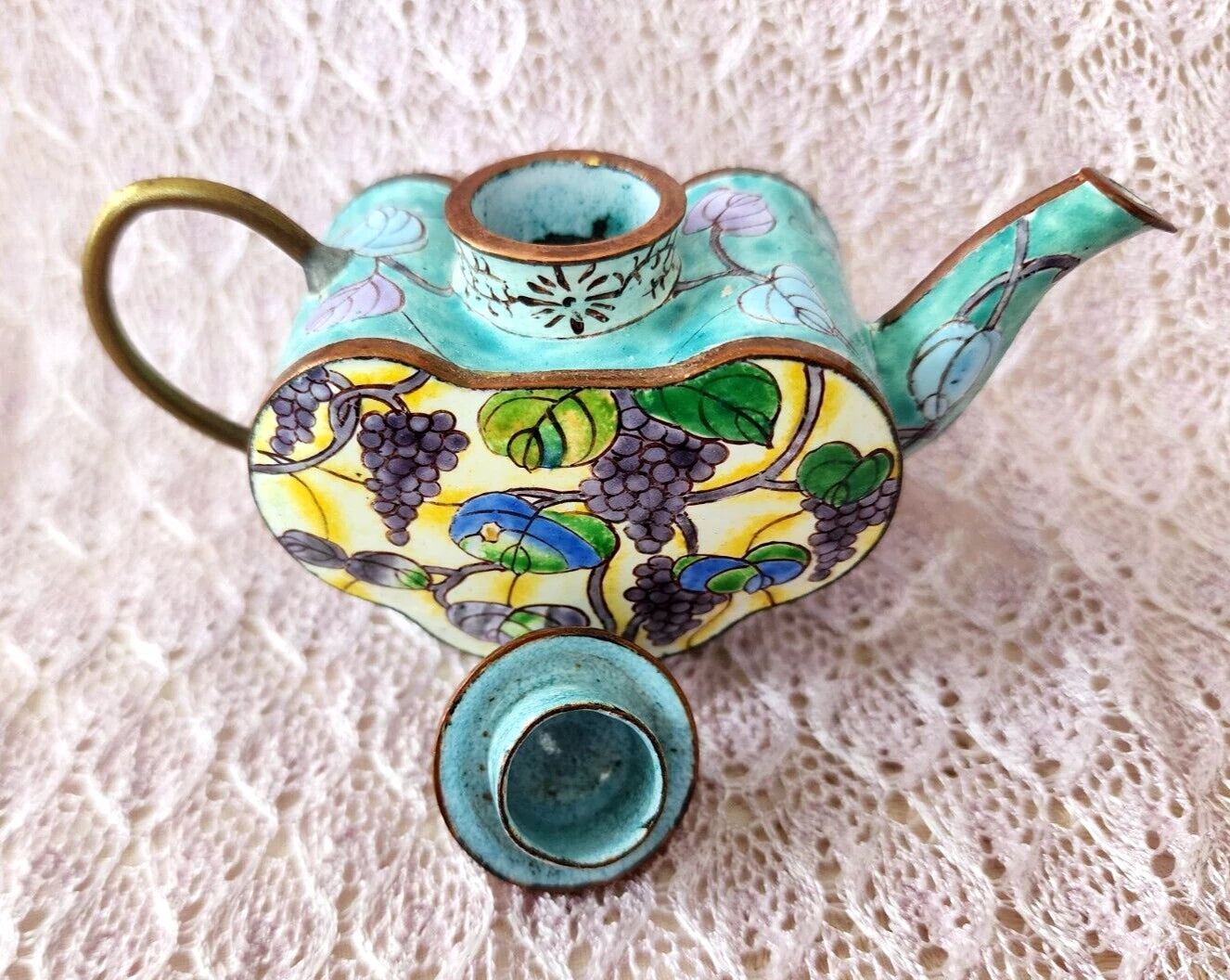 Vintage Chinemel  B. Yee Enamel Miniature Teapot Tiffany Style Grapevine Design