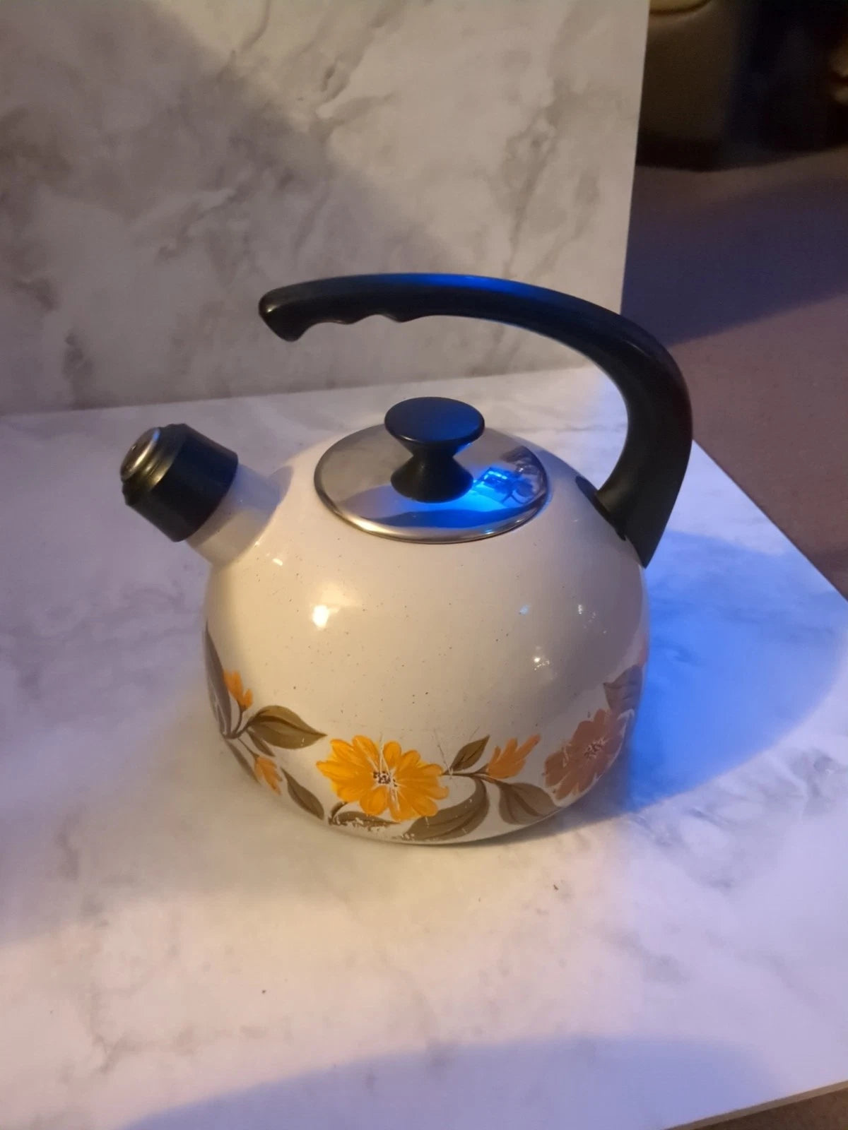 Vintage JPM Capri Enamel Whistle Tea Pot Kettle Made In Spain Few Blemishes