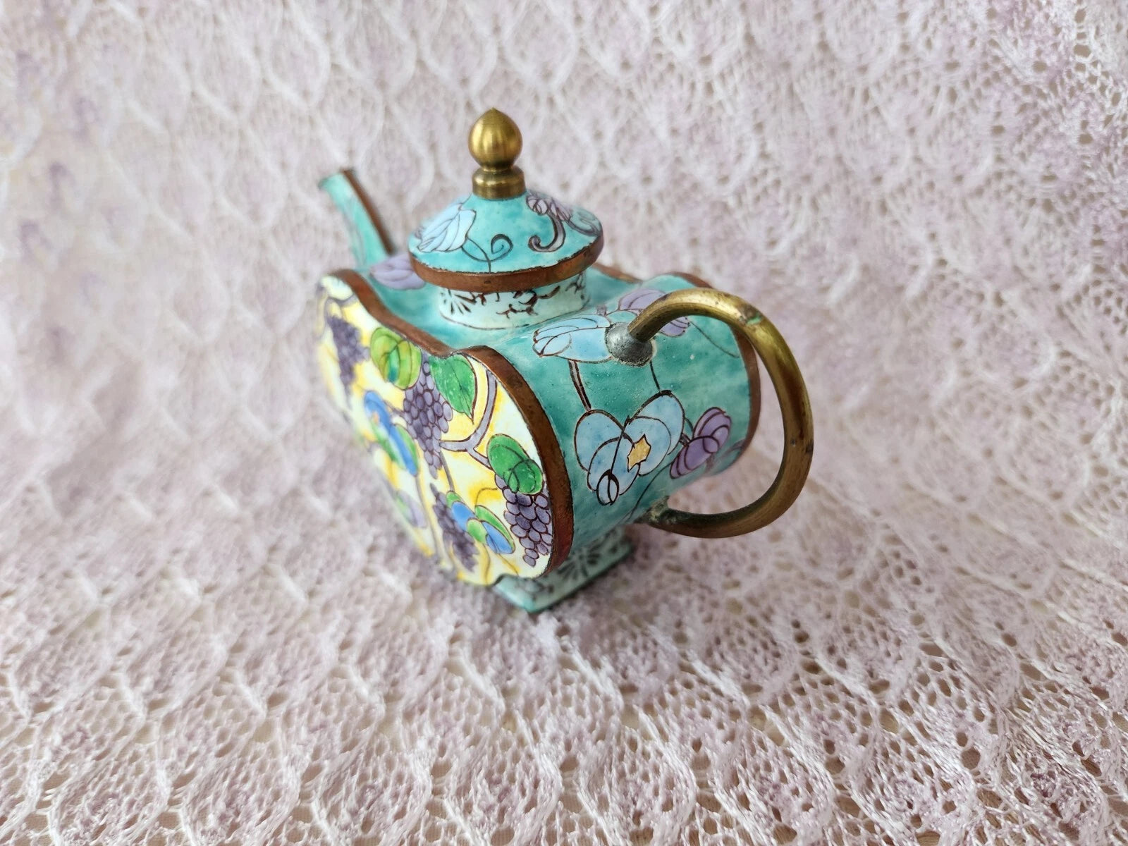 Vintage Chinemel  B. Yee Enamel Miniature Teapot Tiffany Style Grapevine Design