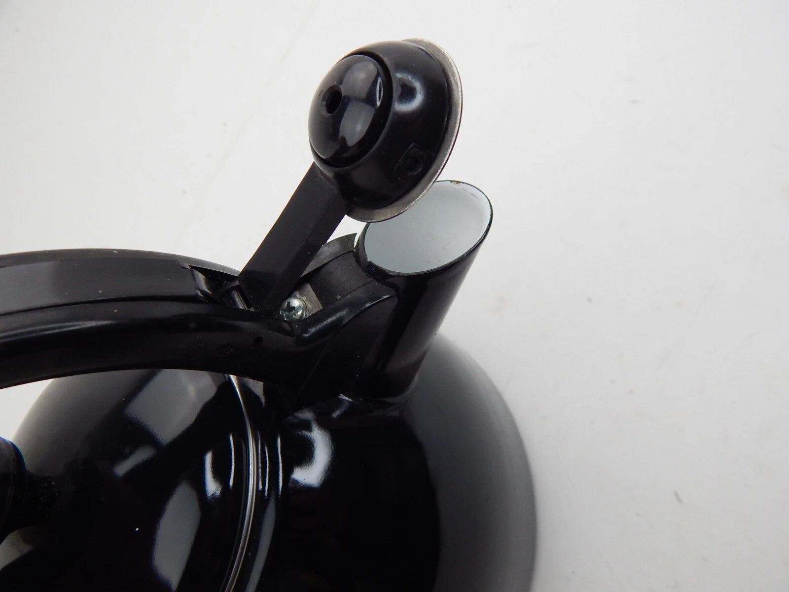 Tea Pot Enamel 2 Quart Kettle Black Easy Squeeze Handle Vtg