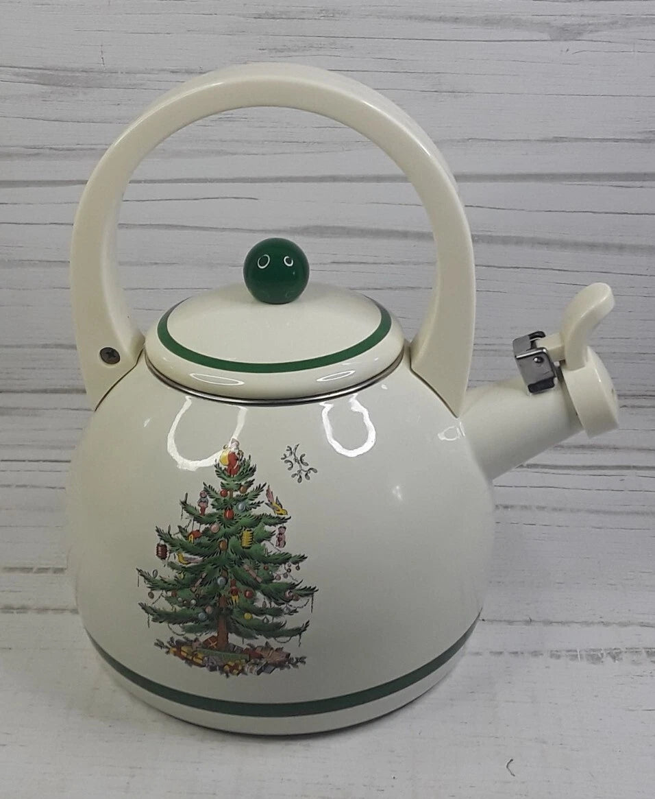 Spode Christmas Tree Whistling Tea Kettle Pot Porcelain Enamel on Steel