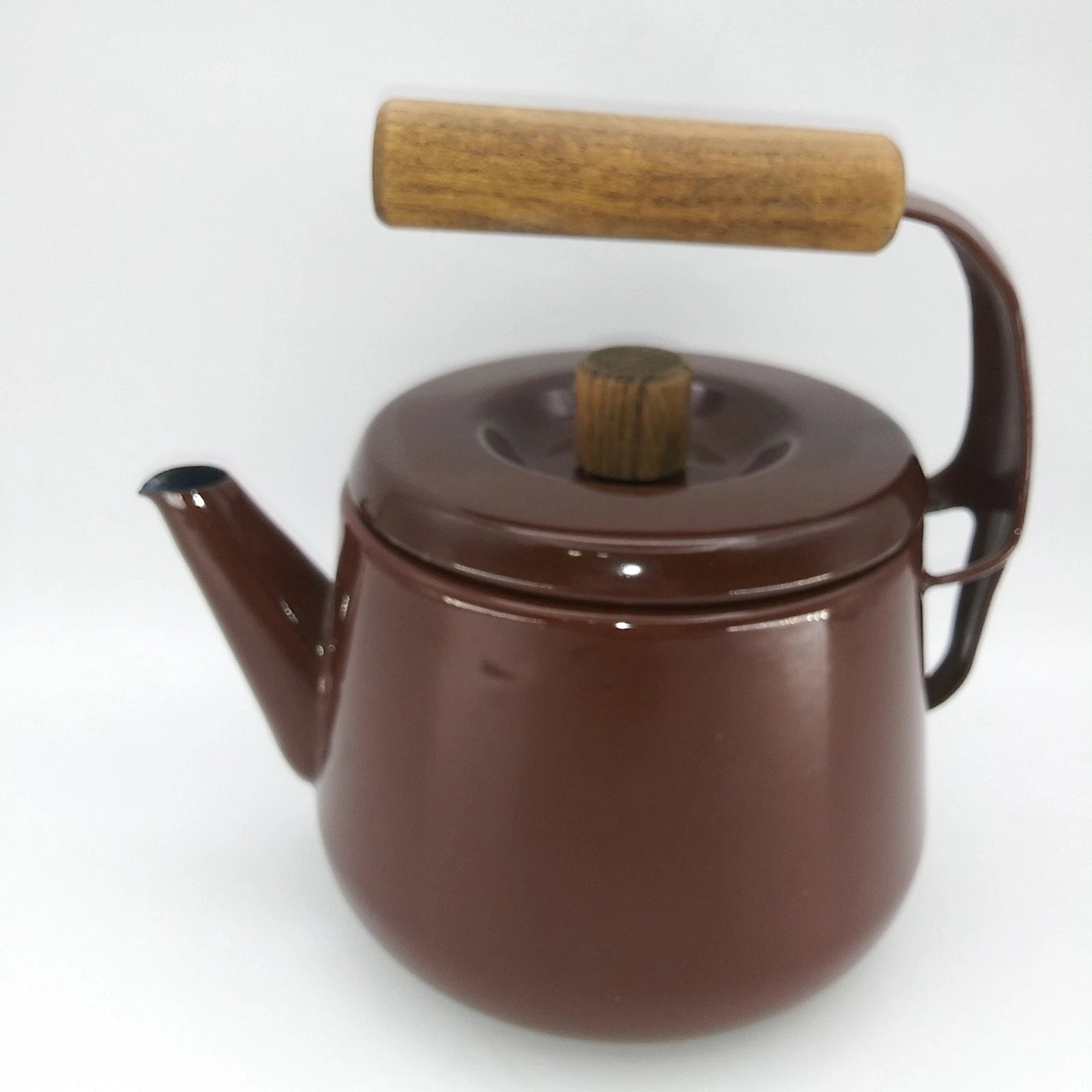 Vintage 1960s Brown Enamel Metalware Teapot Wood Handle camping 7"T X 6.5"L