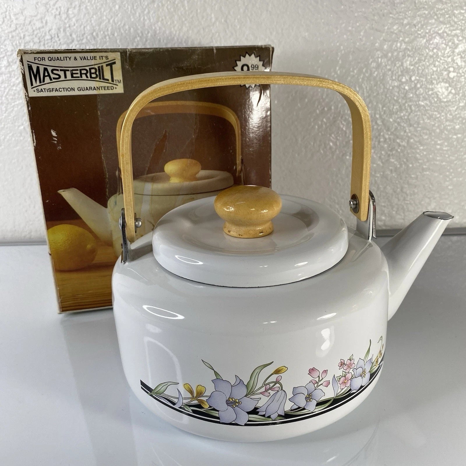 Vintage 2qt Enamel Tea Kettle With Flowers & Wood Handle New