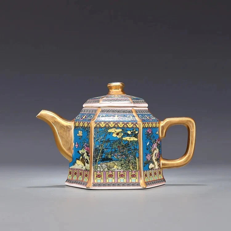 Jingdezhen Antique Qianlong Enamel Gold Teapot With Handle Hexagon Teapots