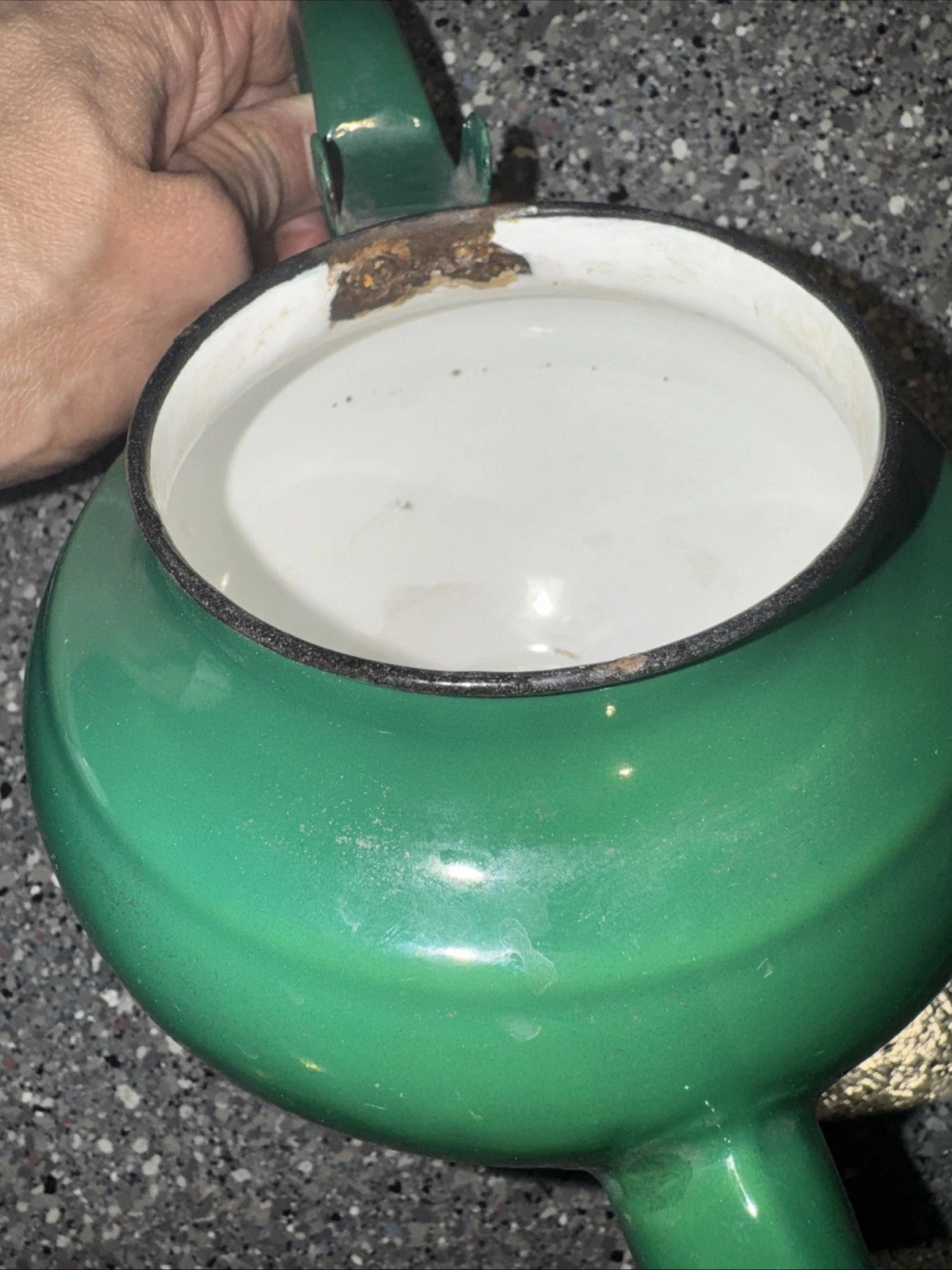 Vintage Enamel Teapot Made in Yugoslavia / Green Celje Enamel Tea Kettle 4”