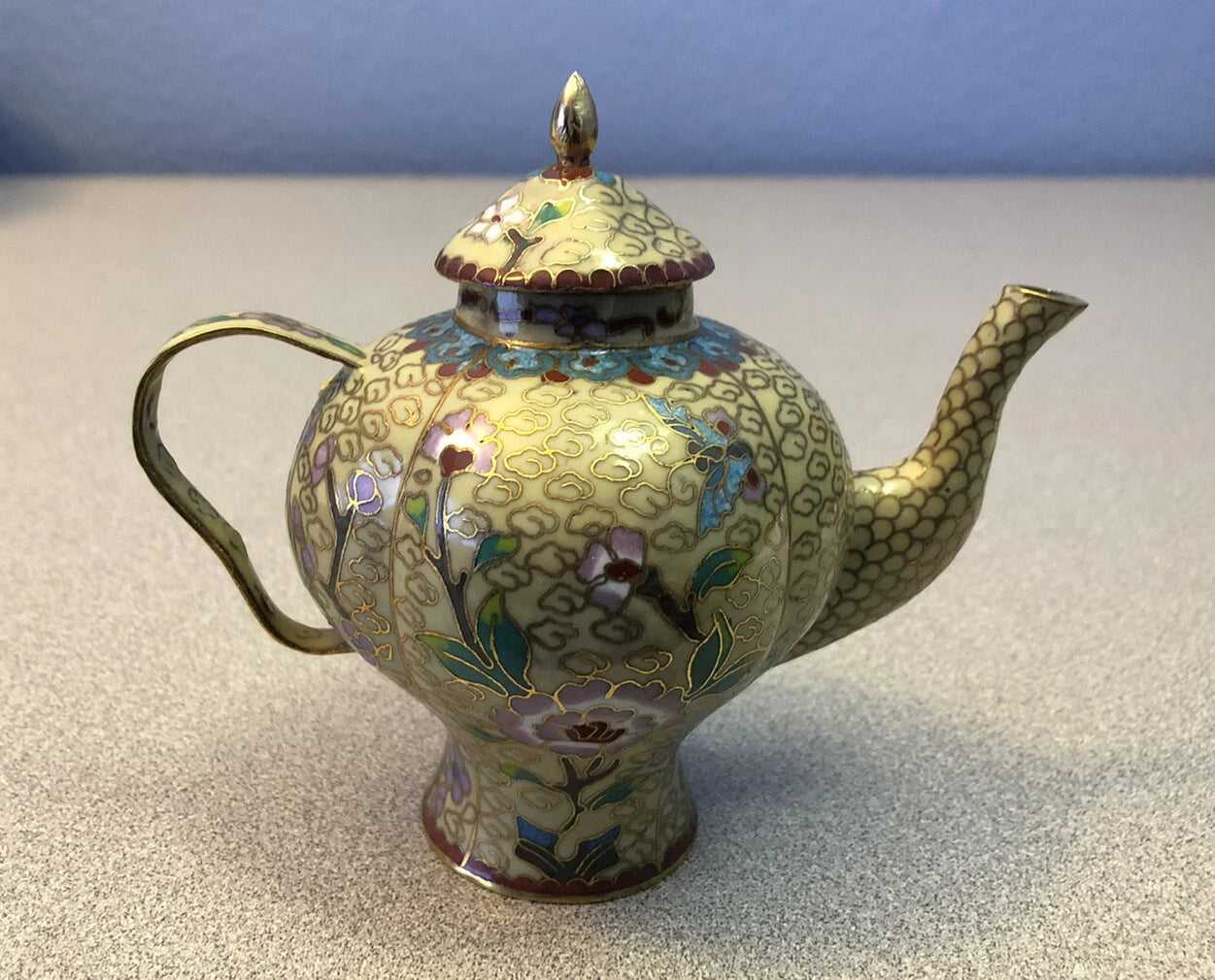 Vintage Cloisonne Enamel and Bronze Beige Floral Teapot