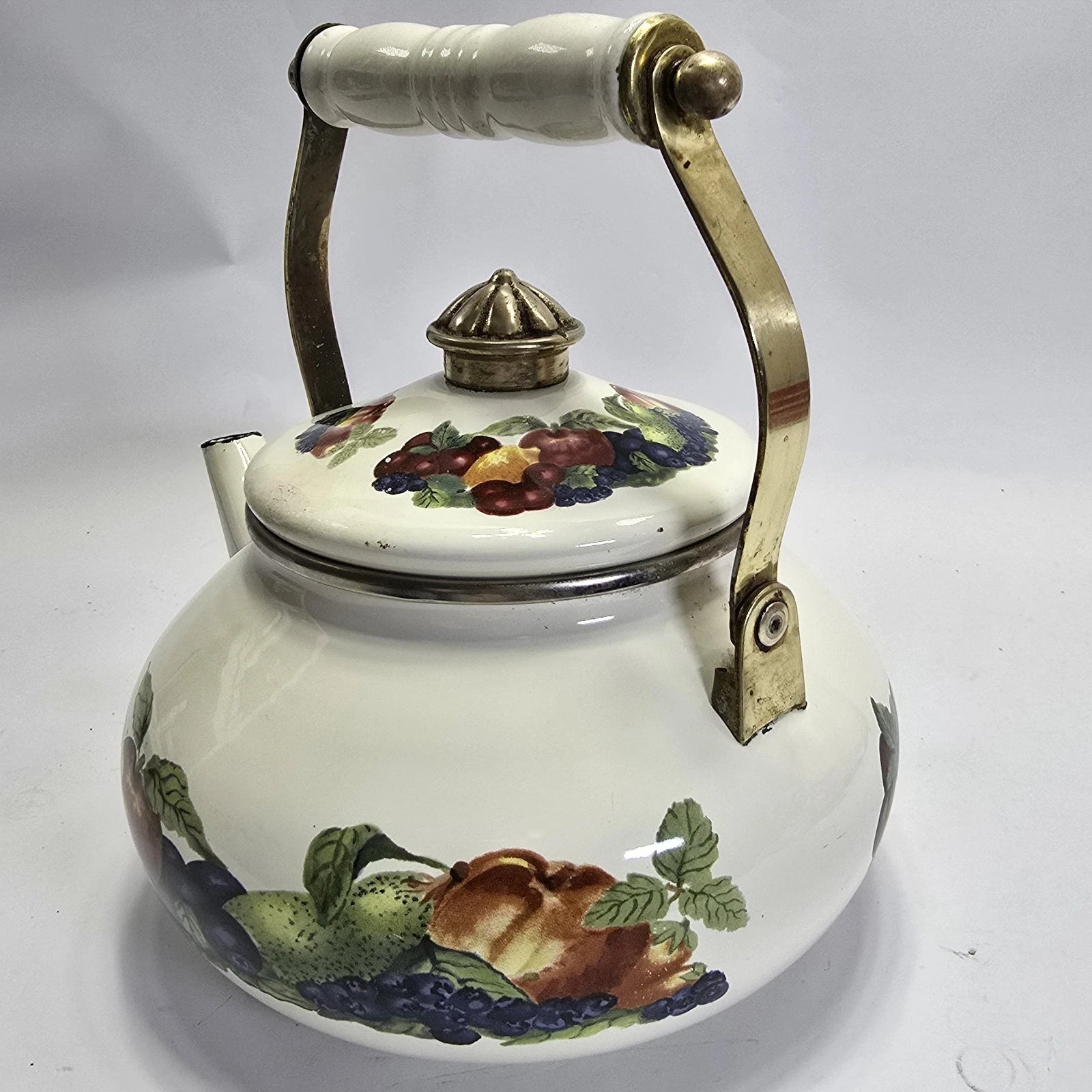 Vintage Enamel Teapot White with Fruit Design Brass Handle Farmhouse Kitchen.