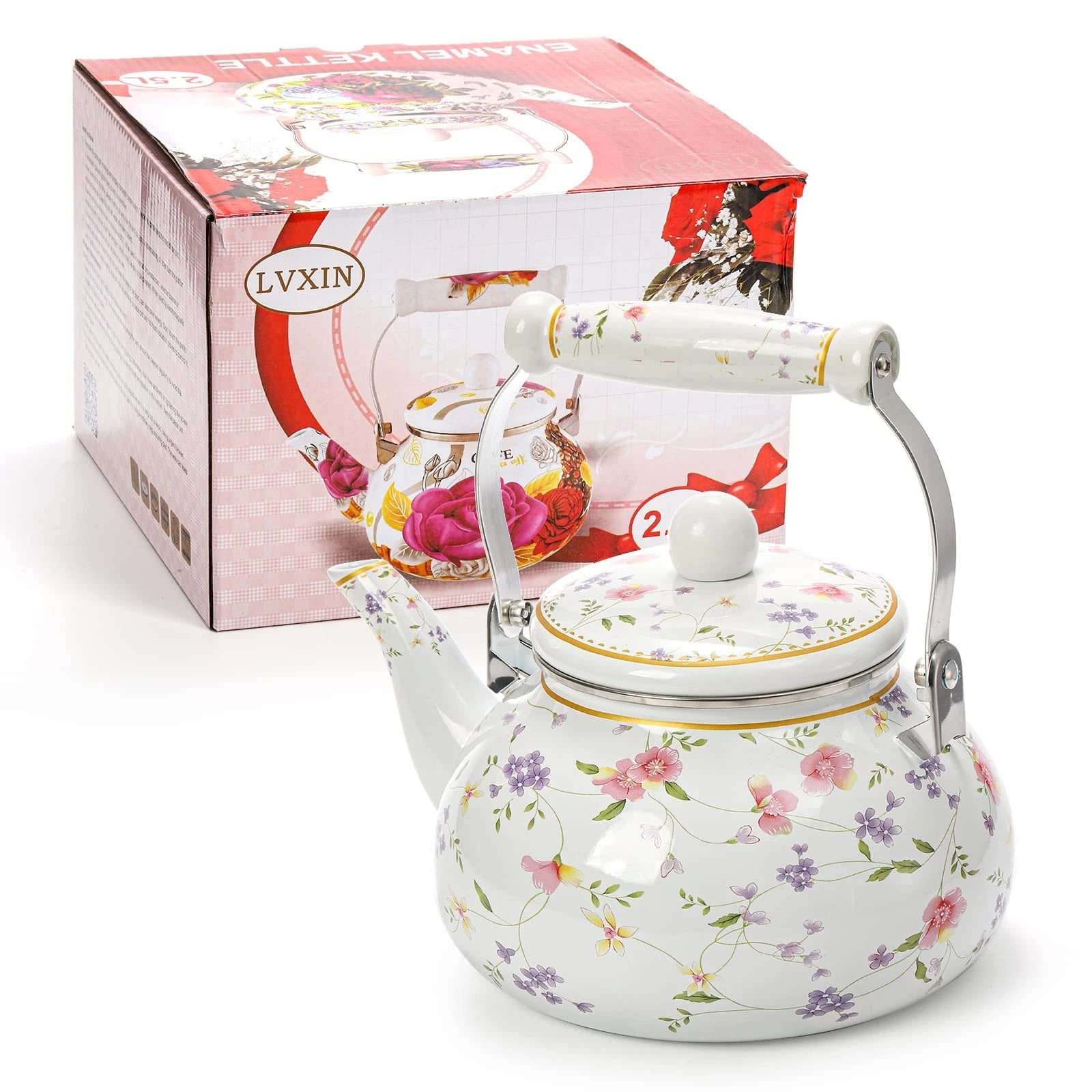 Vintage Enamel Tea Kettle, 2.6 Quart Floral Enamel Water Kettle Teapot with P...