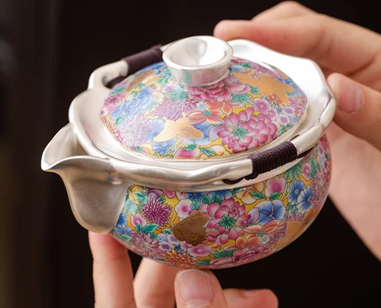 Gold butterfly enamel million flowers hand-grabbed pot gold silver teapot