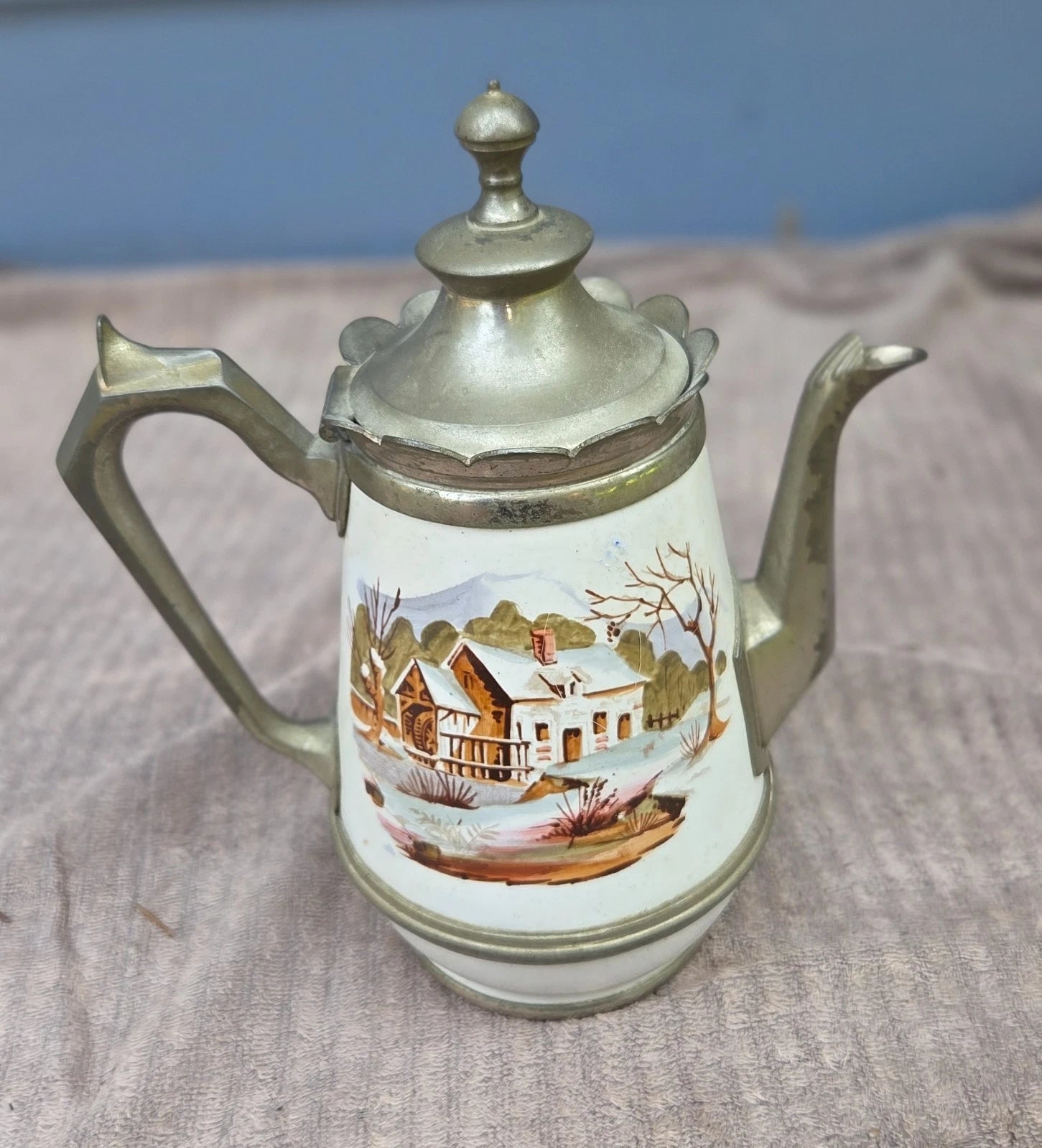 Vintage / Antique Victorian Hand Painted Enamel & Pewter Teapot
