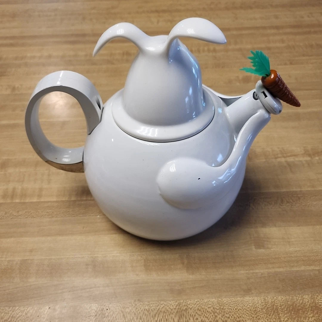 Vintage Copco Enamel Teapot Figural Mr Rabbit Bunny Carrot Whistling Tea Kettle