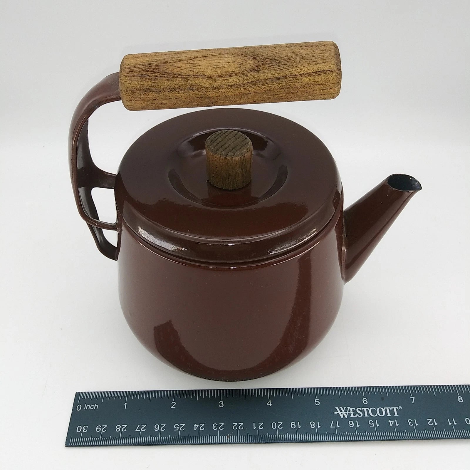 Vintage 1960s Brown Enamel Metalware Teapot Wood Handle camping 7"T X 6.5"L