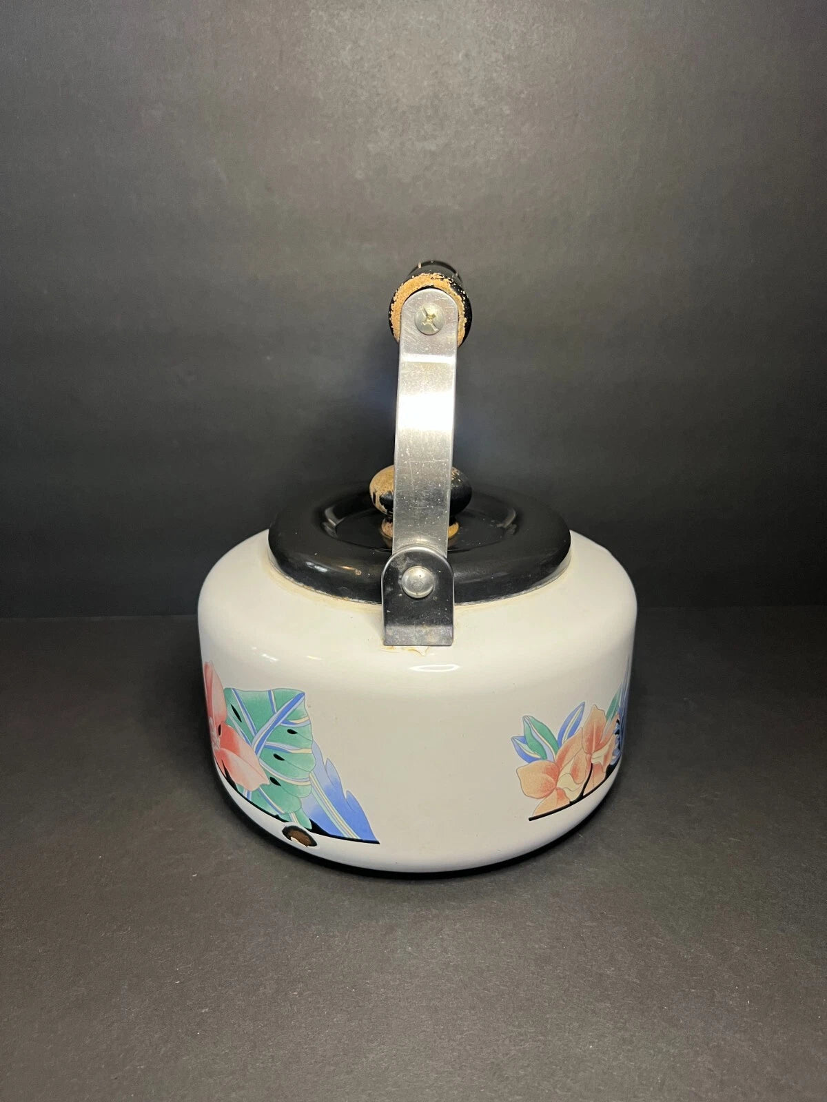 Vintage 1980s NOS Enamel White Floral Print Teapot Kettle with Wooden Handle | eBay