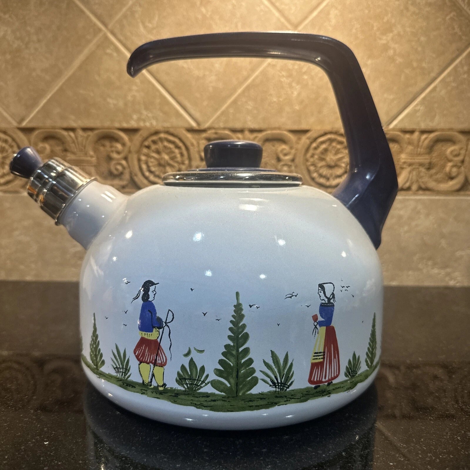 Vintage HB Quimper Enamel Tea Kettle White Excellent condition