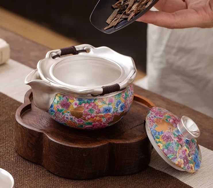 Gold butterfly enamel million flowers hand-grabbed pot gold silver teapot