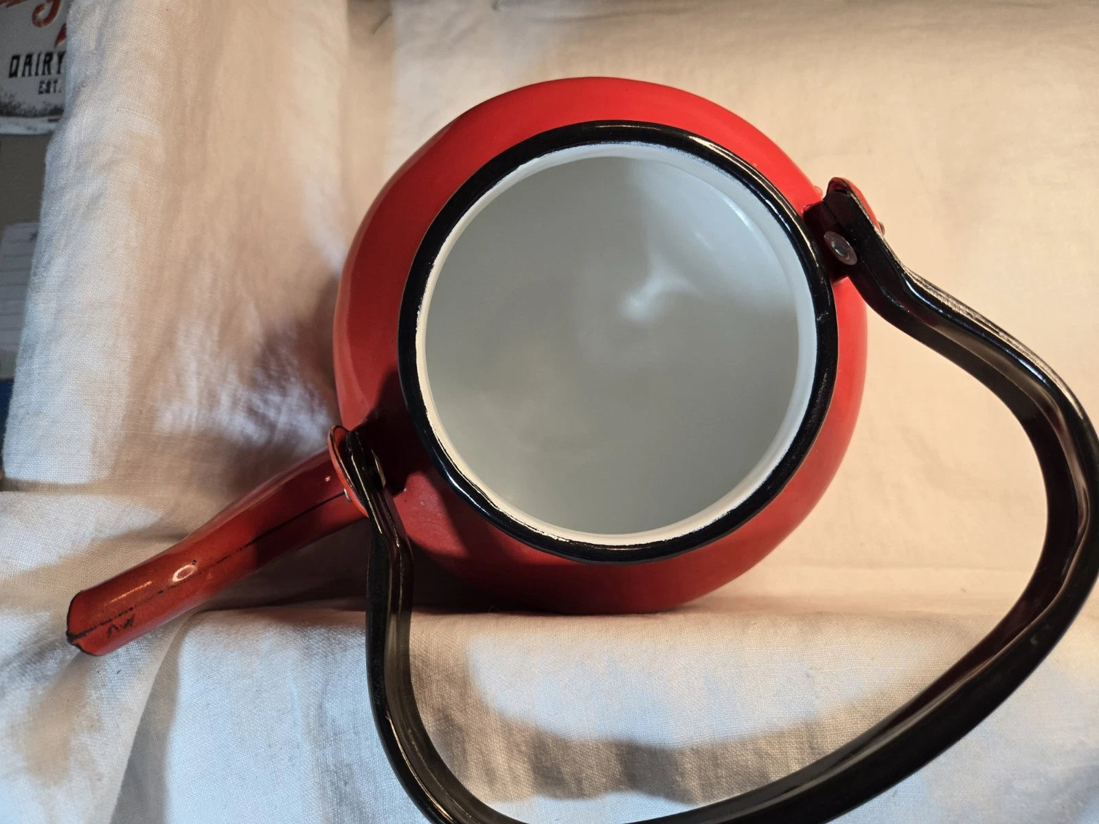 Vintage EMAILUL Red Enamel Tea Pot Fine Enamelware Made in Romania No Lid