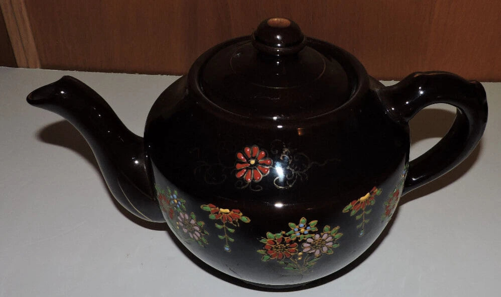 Vintage Large  Moriage Enamel Redware Ceramic Tea Pot- Hand Painted Japan