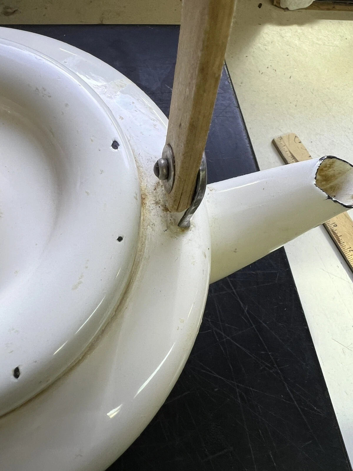 Vintage Enamel Tea Pot Kettle Wood Handle