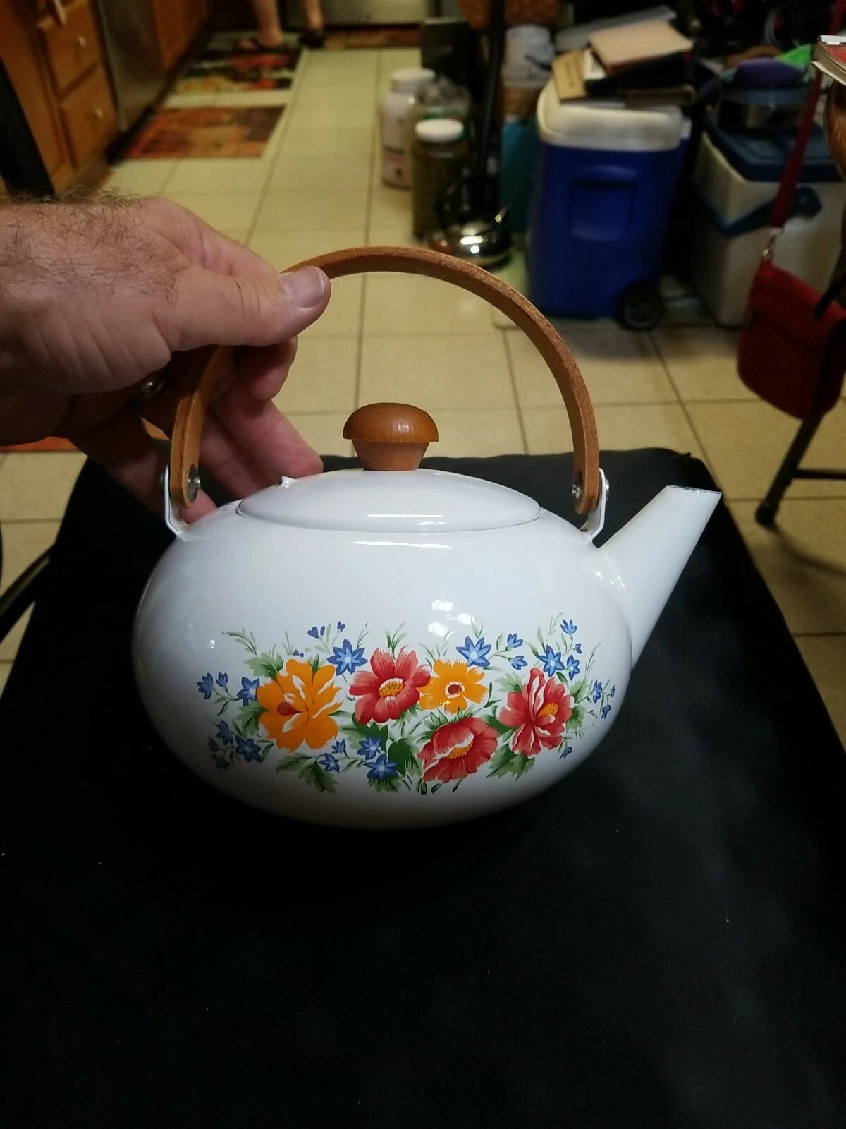 Vintage Japanese Flower Enamel 1.5 Qt Tea Pot / Tea Kettle Wooden Handle & Knob | eBay