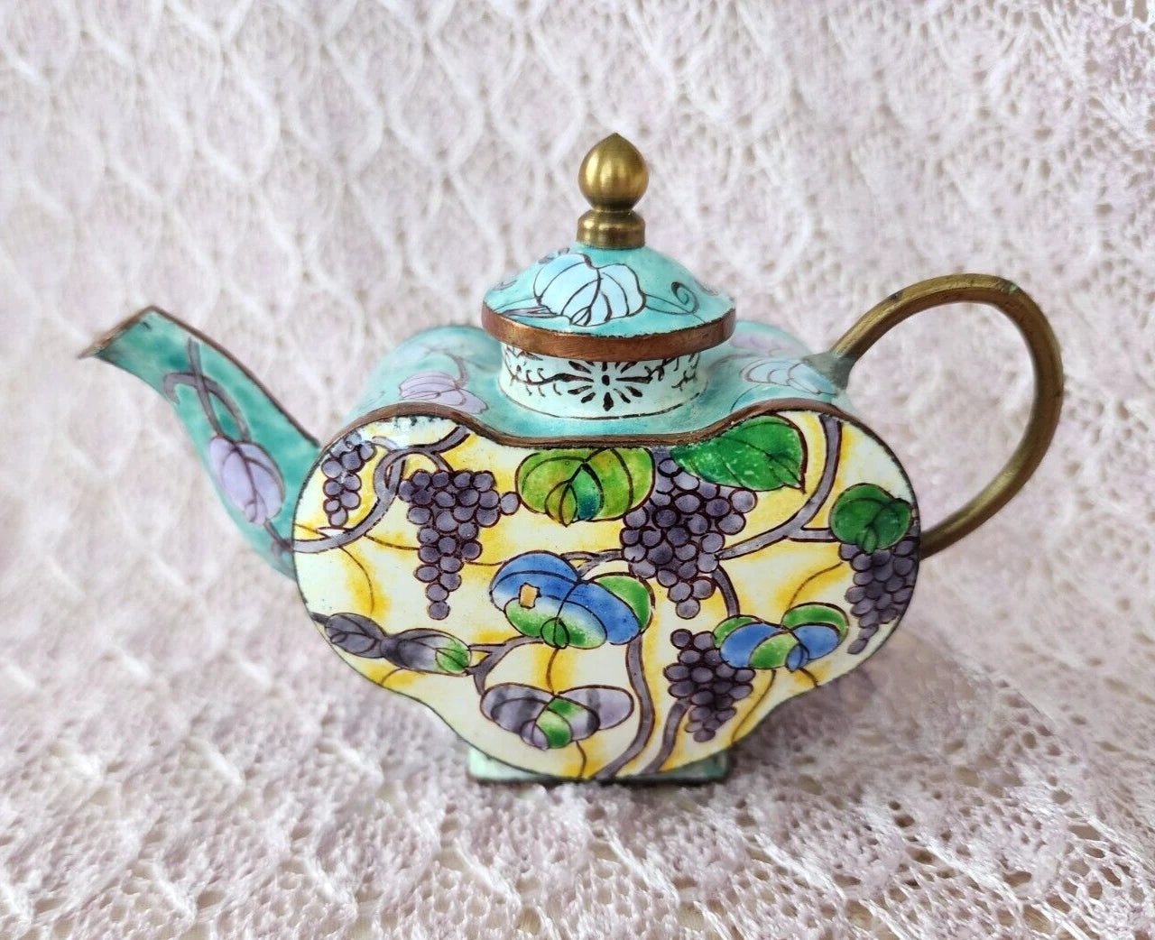 Vintage Chinemel  B. Yee Enamel Miniature Teapot Tiffany Style Grapevine Design
