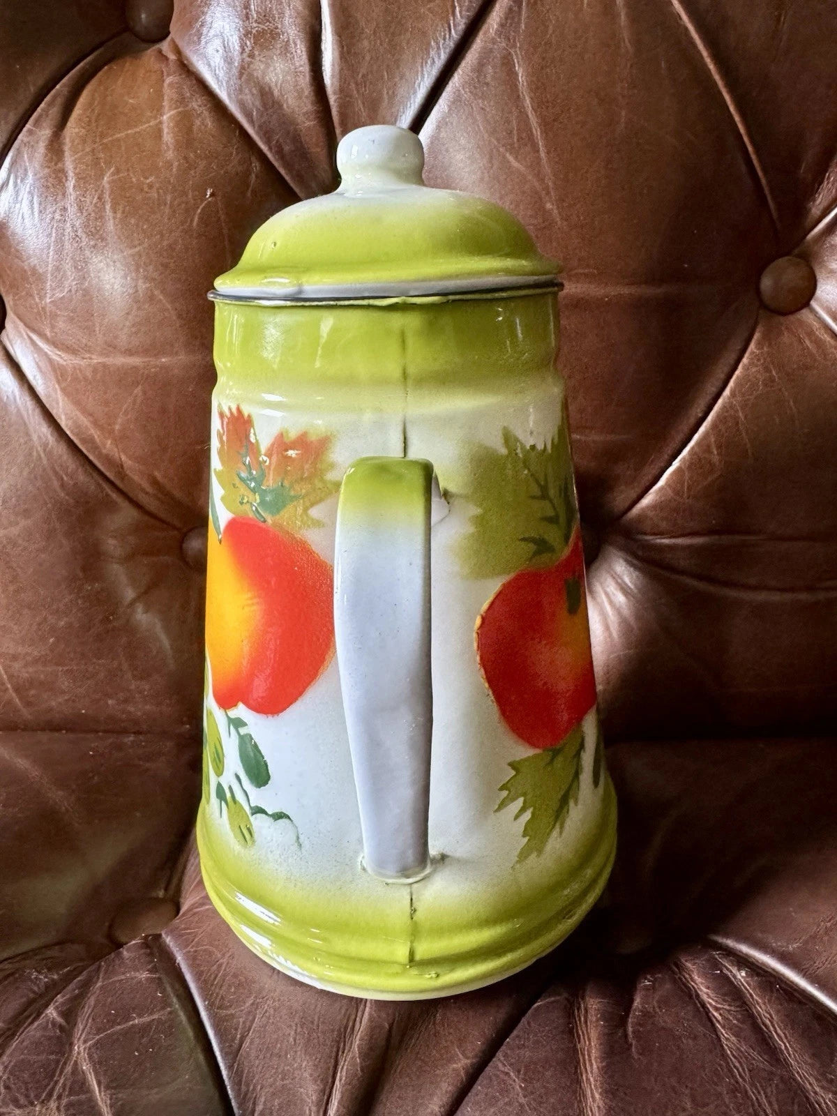 Vintage 1960s Enamelware Graniteware Coffee/Tea Pot 7 1/2" + 12" Bowl FRUIT