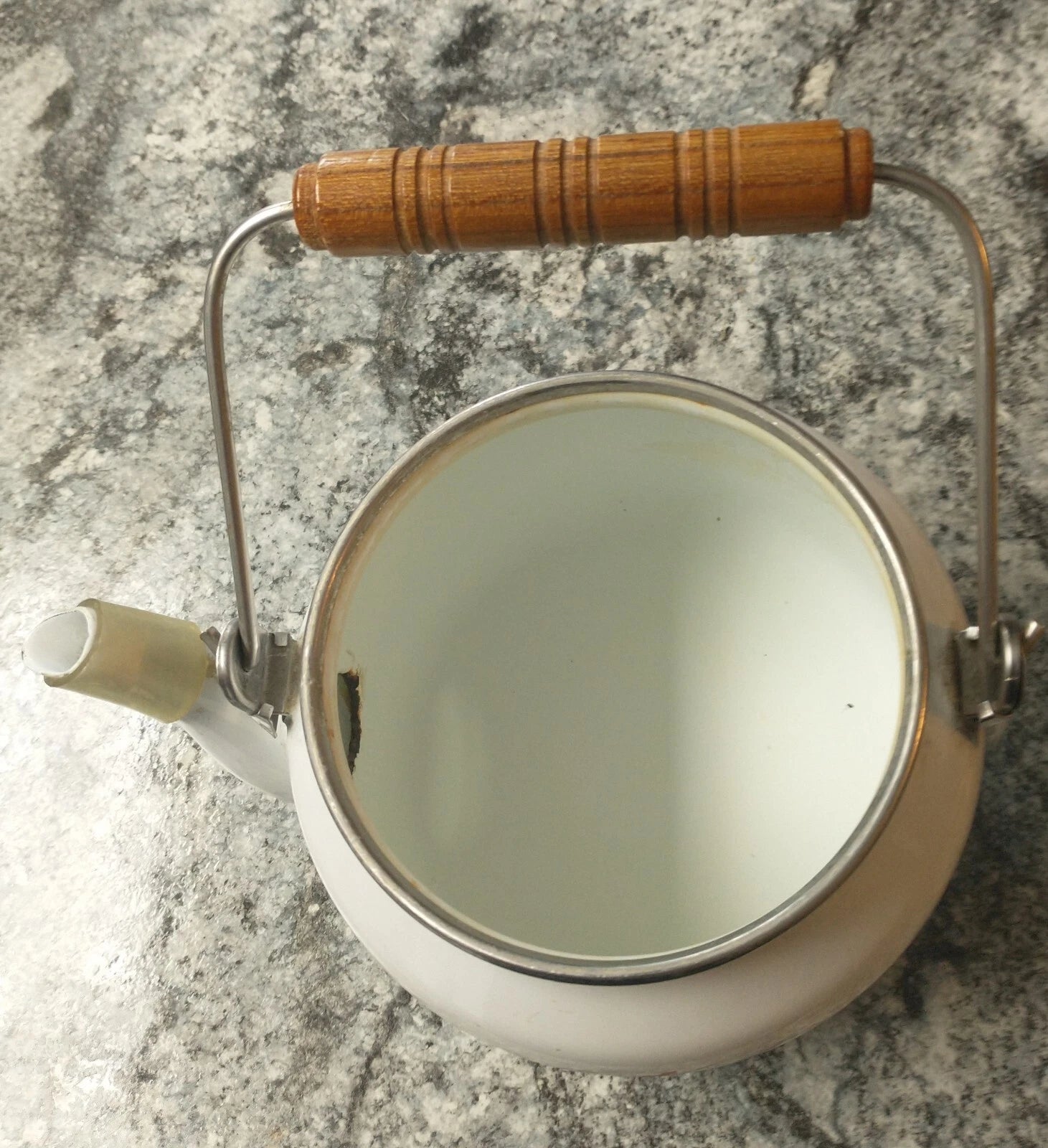 Vintage Enamel Fruit Detail Tea Pot With Wood Handle.