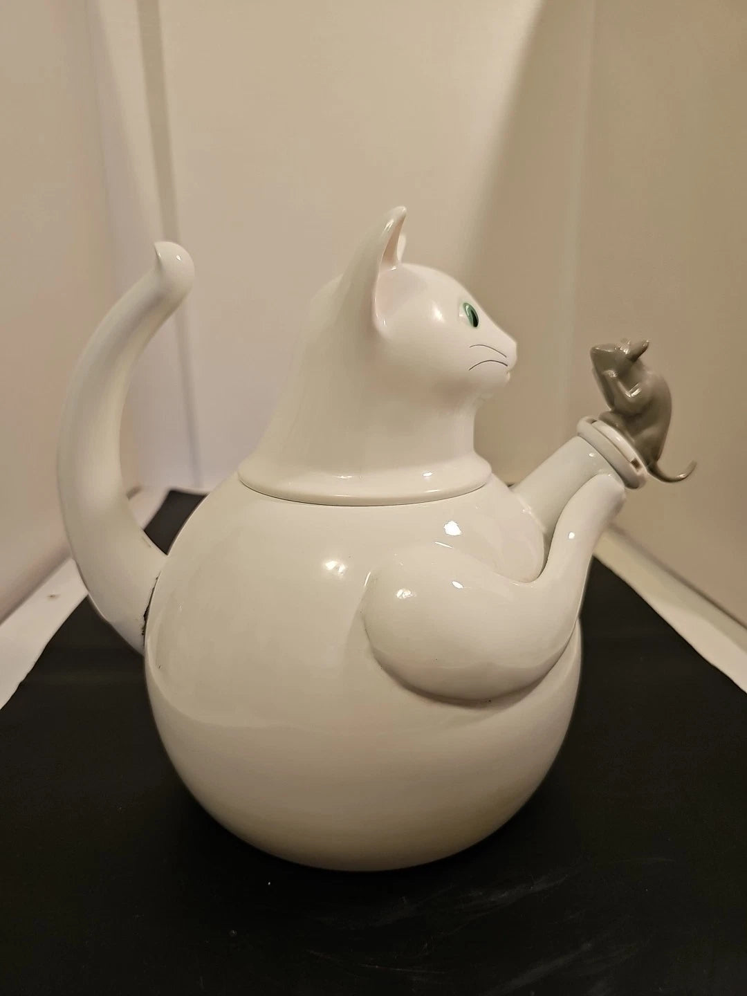 Vintage  Copco White Cat & Gray Mouse Enamelware 2 ½ QT Tea Kettle