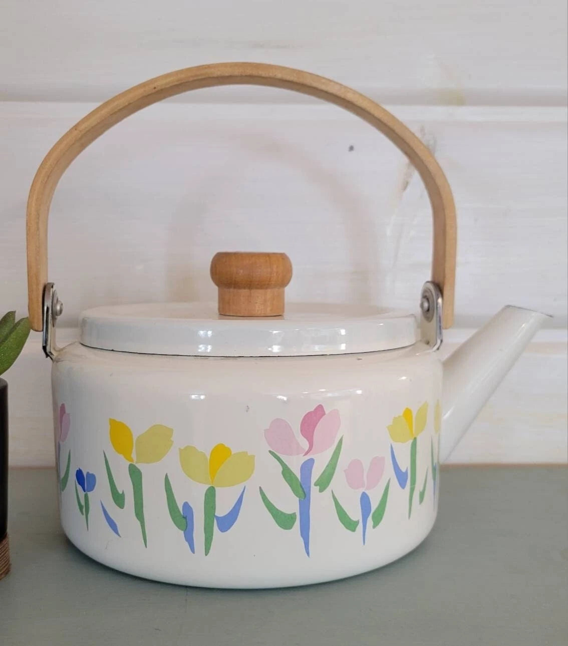 Vintage enamel teapot floral tulips enamelware teapots tea kettle