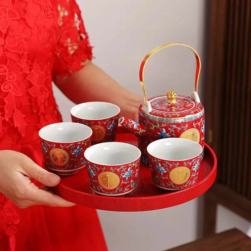 Traditional Chinese Enamel Colored Tea Cup Set Tea Pot Set Wedding Tea Cup
