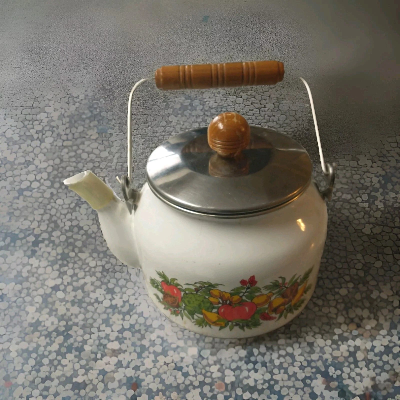 Vintage Enamel Fruit Detail Tea Pot With Wood Handle.