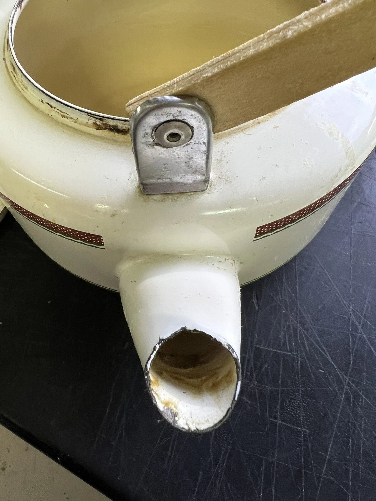 Vintage Enamel Tea Pot Kettle Wood Handle