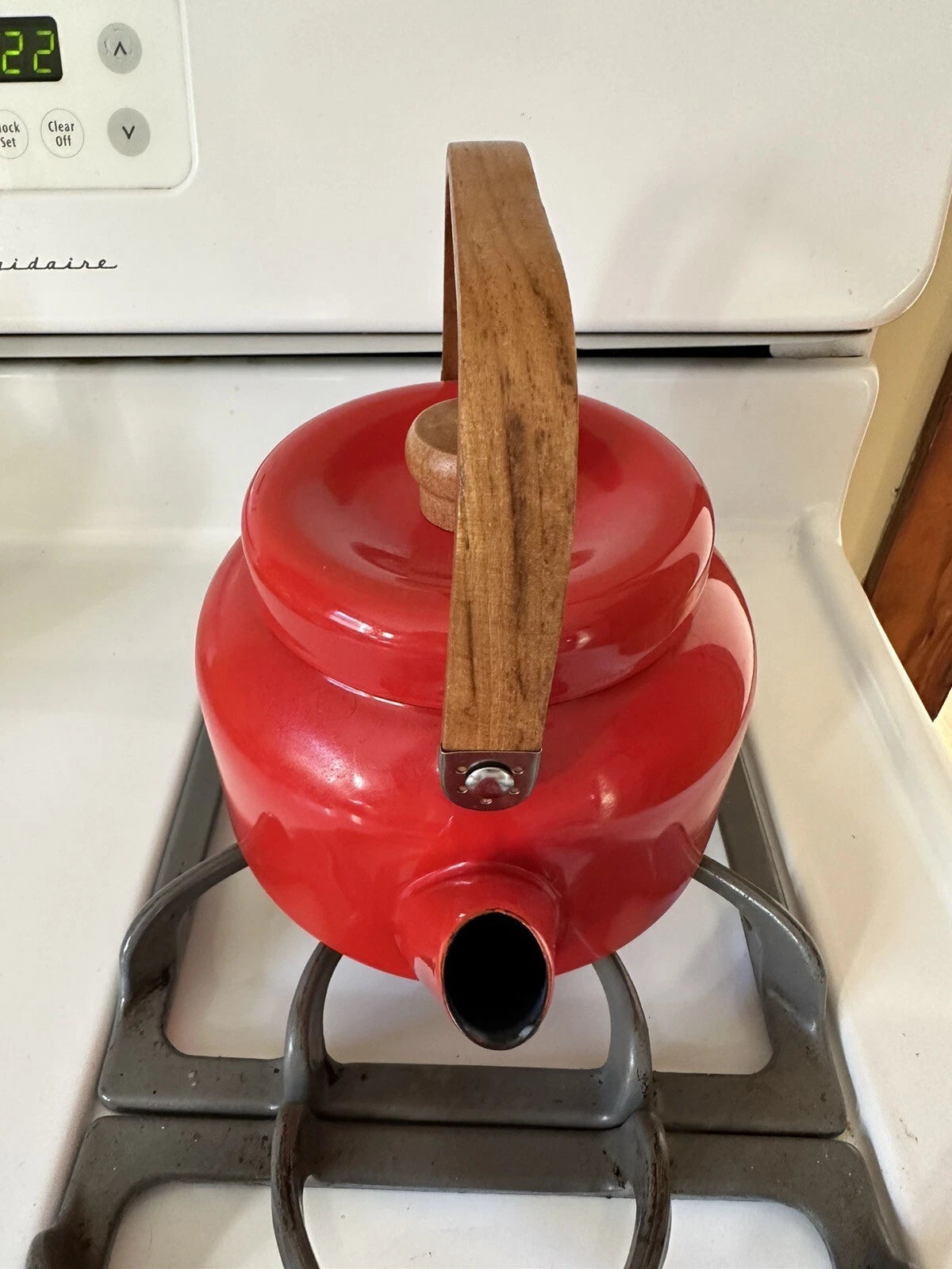 Teak Red Enamel Tea Kettle Tea Pot Copco Style Vintage Mid Century Modern