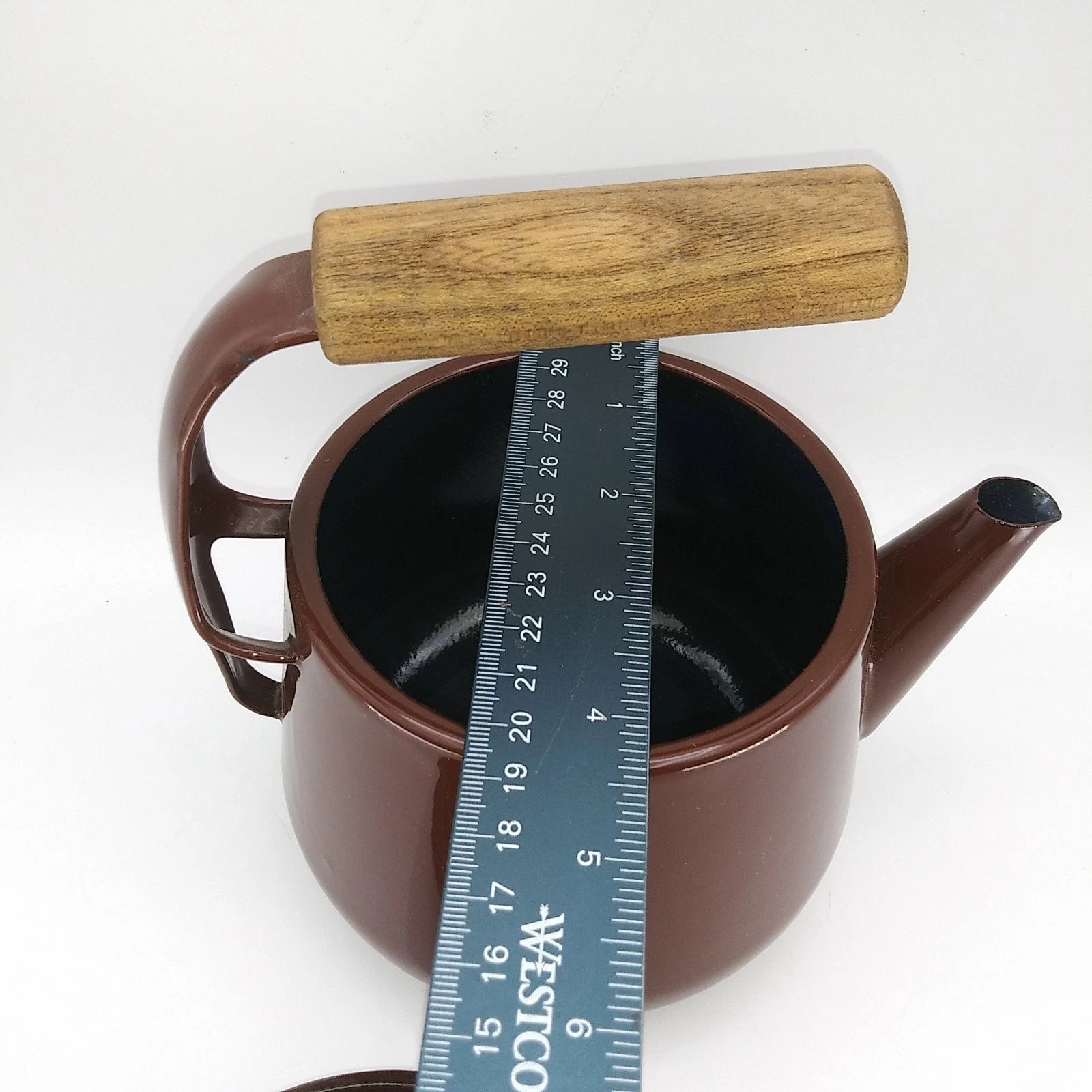 Vintage 1960s Brown Enamel Metalware Teapot Wood Handle camping 7"T X 6.5"L